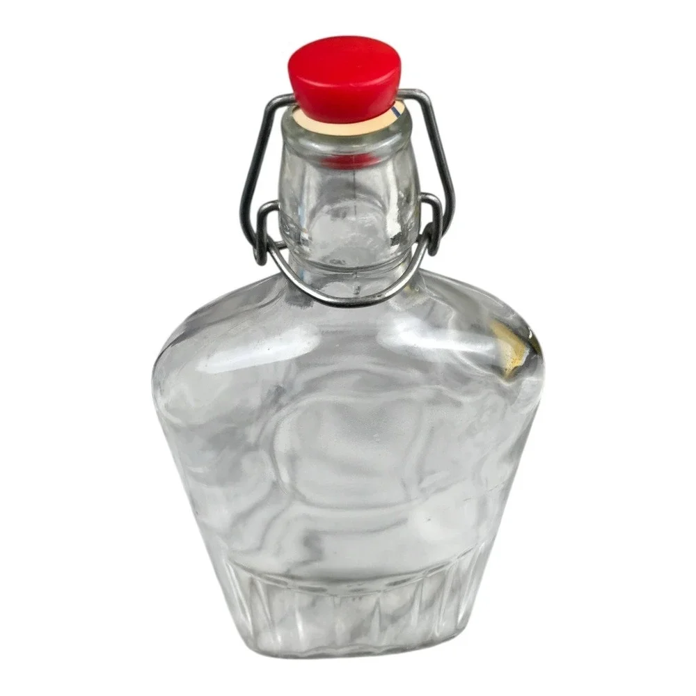 Clear Glass Bottle with Wire Bale‎ and Red Lid Vintage Style Decorative F72Q